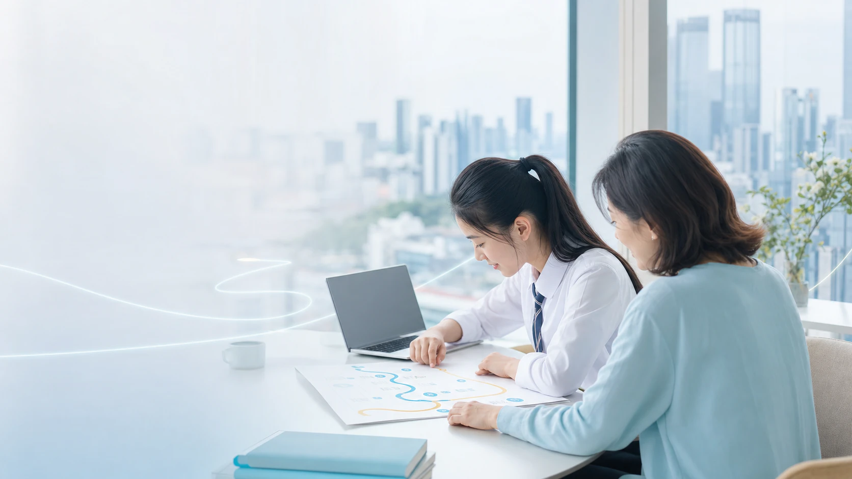 上海高中家庭一起查看升学路径的AI情境示意